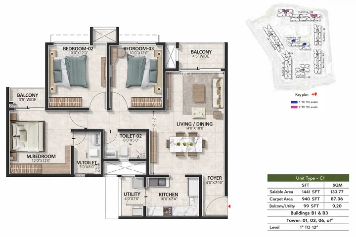 3BHK (1441 sqft) floor plan at Prestige Evergreen