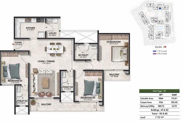 3BHK (1884 sqft) floor plan at Prestige Evergreen
